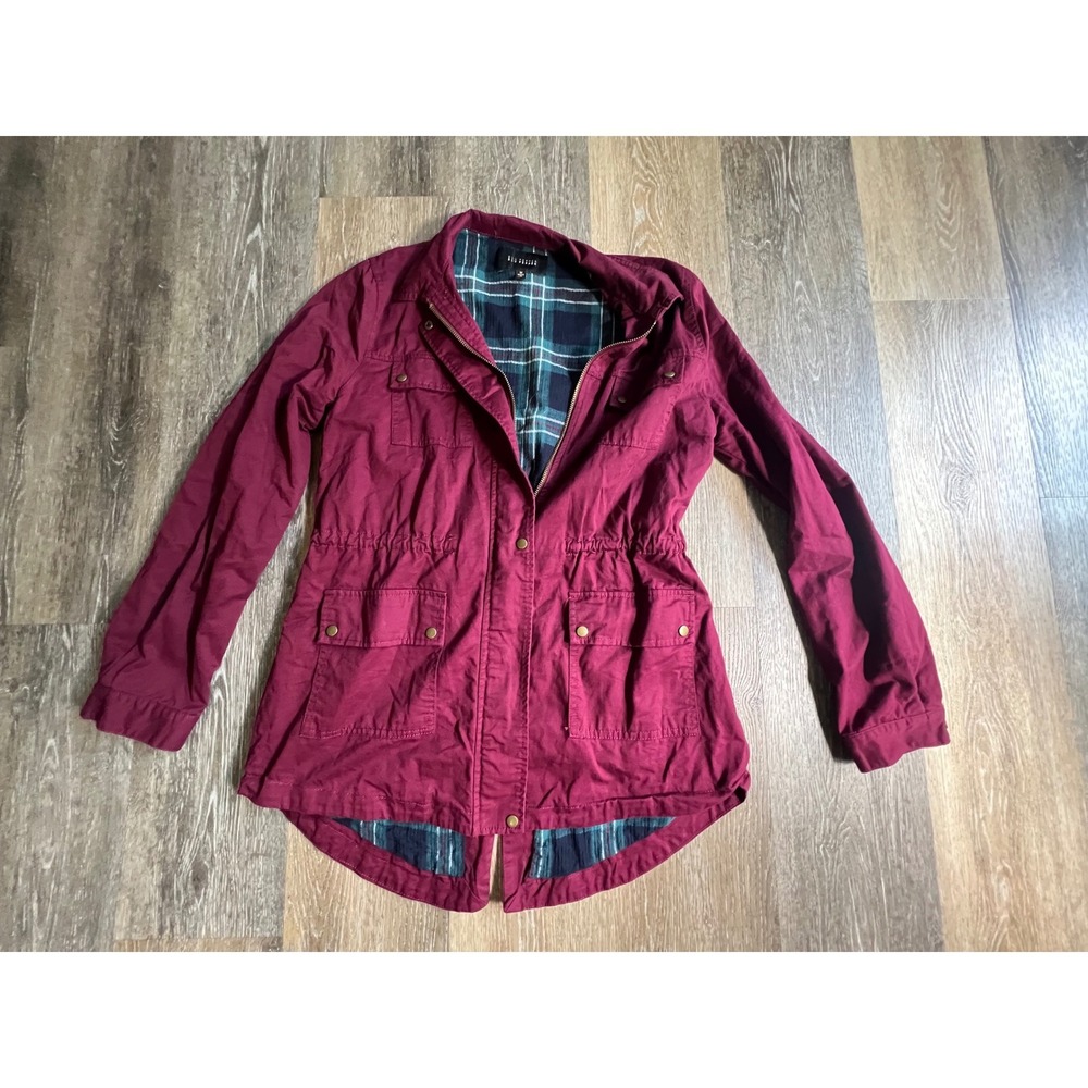 Blu‎ Pepper Utility Jacket Womens Medium Burgundy Plaid Lined Cinched Waist